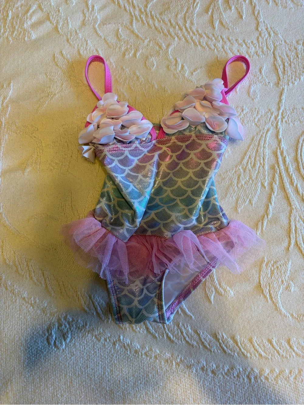 Girls' Mermaid Scale One-Piece Swimsuit with Pink Tutu and Flower Straps 18 mo
